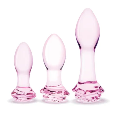 3 piece rosebud glass butt plug training kit