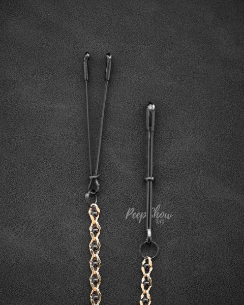 Beaded Black Tweezer Nipple Clamps with Golden Chain — image 3 of 6