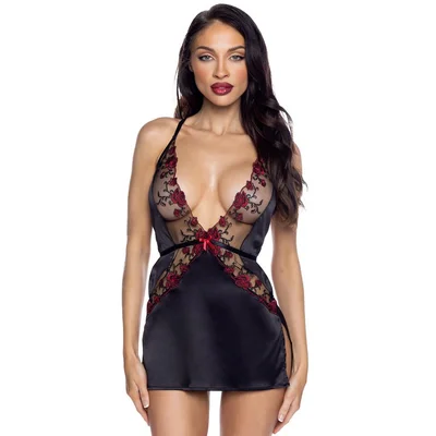 roma blossom beauty black embroidered satin chemise xl black