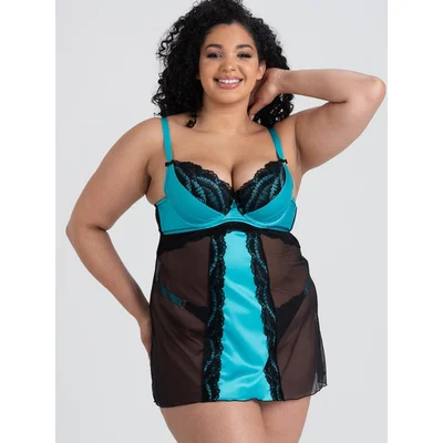 lovehoney plus size empress blue satin and lace chemise set 1x 2x blue