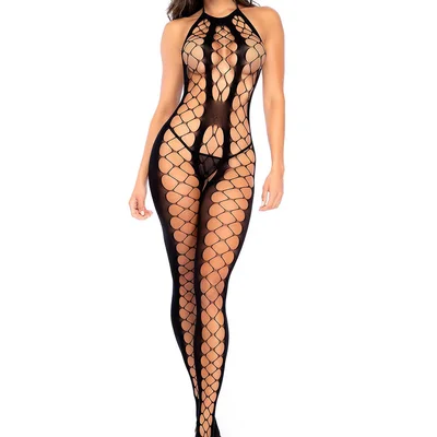 mapale halter neck cutout fishnet body stocking