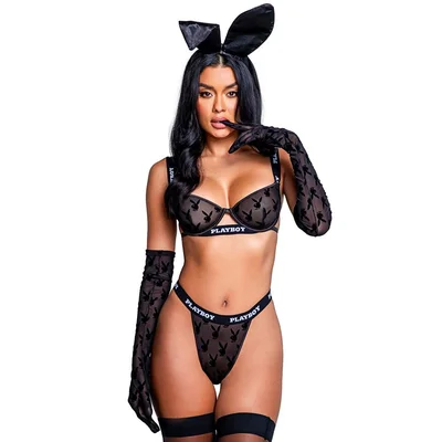 playboy black bunny 2 piece underwire bra set medium black