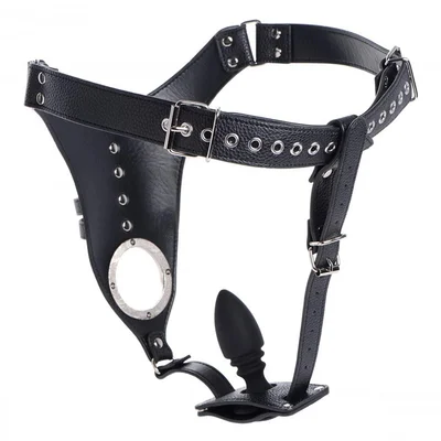strict male chastity harness with silicone anal plug