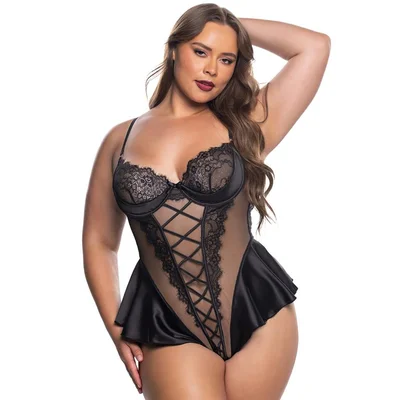 roma plus size black cheri amore lace and satin underwired teddy 1x black