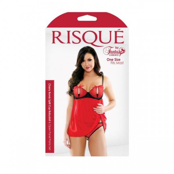 Risque - Cherry Bomb Split Cup Babydoll & Open Panel Panty Set (One Size)