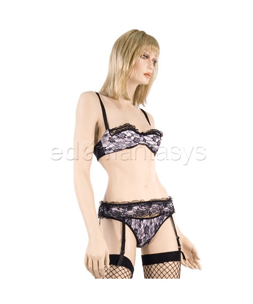 Lace overlayed satin bra and garter set