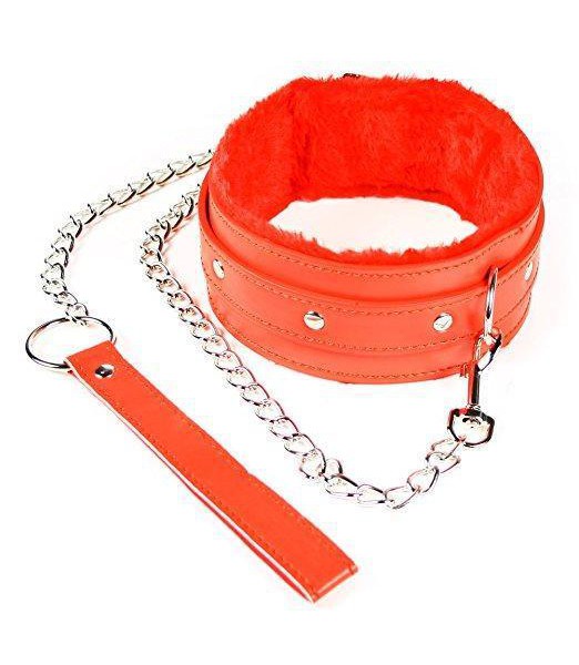 Red Hot Fur Lined Collar With Chain Leash