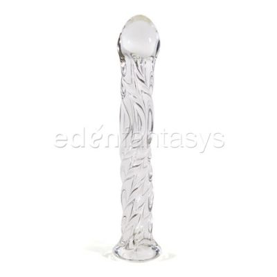 Swirl ribbed glass dildo with curved G spot head