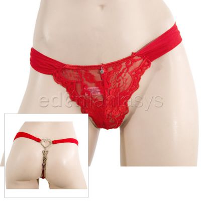 Lace and mesh thong with rhinestone hearts