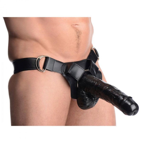 Infiltrator Large 10'' Hollow Strap On Penis Extension W/ Harness Black