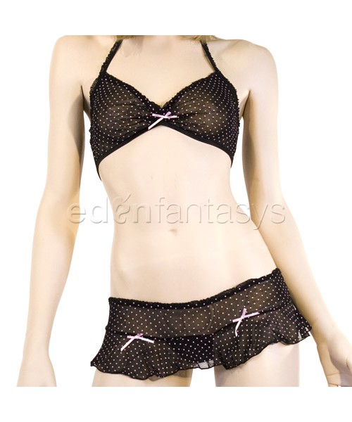 Polka dot mesh bikini and rhumba skirt