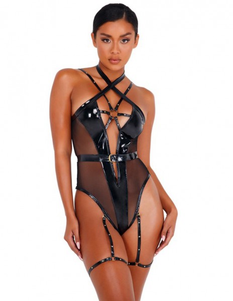 Roma Strappy Vinyl Bodysuit with Detachable Garters and Belt