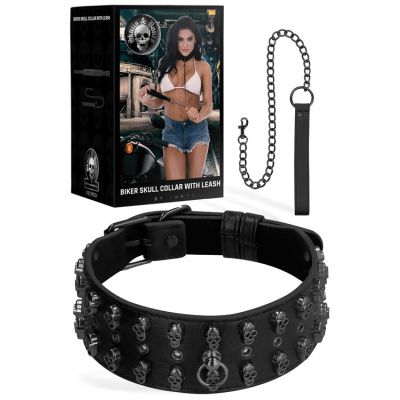 OUCH Faux Leather Collar with Skulls Chain Leash