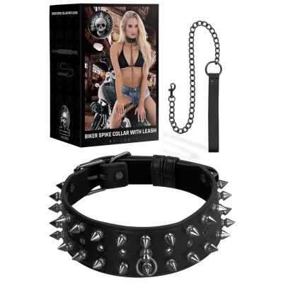 OUCH Faux Leather Collar with Spikes Chain Leash