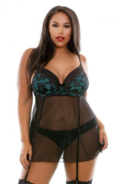 Curve - Halle Lace Babydoll with Garters & Matching Panty (Plus Size)