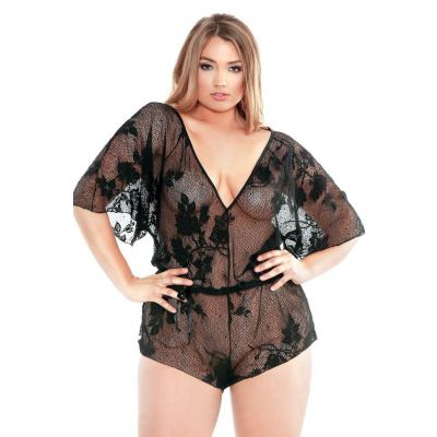 Curve Stretch Lace Romper With Adjustable Waist Snap Closure Black Plus Size
