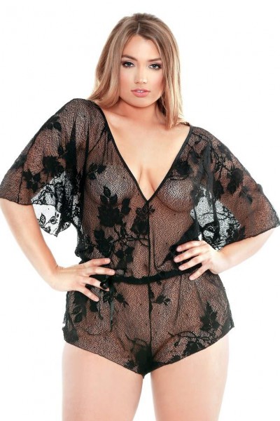 Curve - Stretch Lace Romper With Adjustable Waist & Snap Closure - Black (Plus Size)
