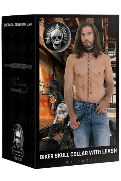 OUCH! Faux Leather Collar with Skulls & Chain Leash