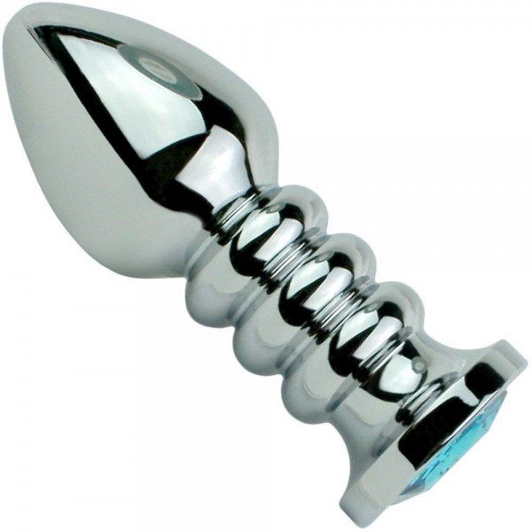 Blue Jewel Rippled Metal Booty Plug