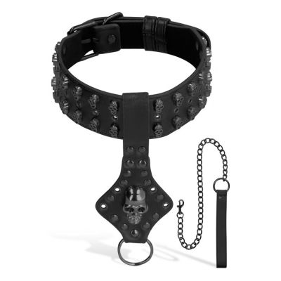 OUCH Faux Leather Collar with Skulls Neckplate Chain Leash