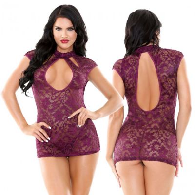 Tease Madeline Lace Dress with Cutout Neckline Panty Wine One Size