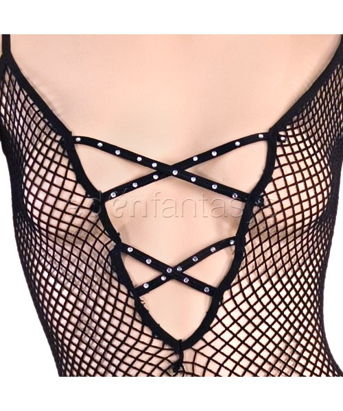 Fishnet mini dress with rhinestone detail