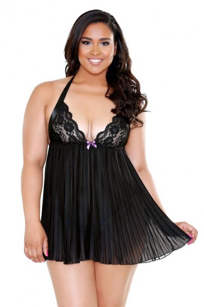 Curve - Pleated Halter Lace Cup Chemise & Matching G-String (Plus Size)