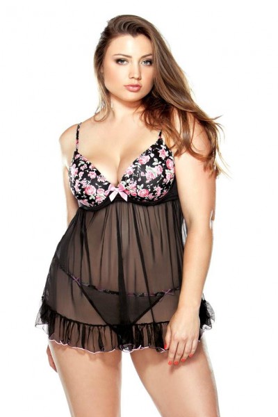 Curve - Pushup Floral Print Babydoll with Matching G-string (Plus Size)