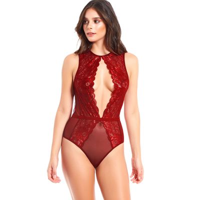 Glitter Garnet Plunging Scalloped Lace Teddy