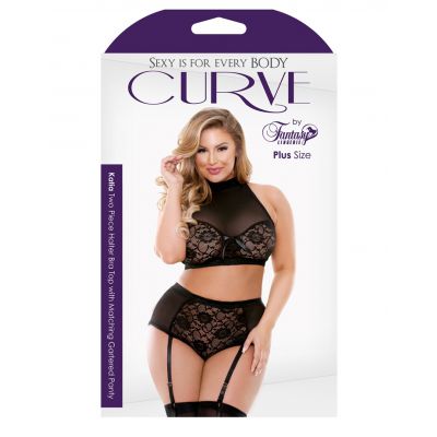 Curve Katia Halter Bra Top and High Waist Gartered Panty Set