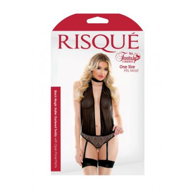 Risque Black Magic Halter Gartered Teddy With Open Panel Panty One Size