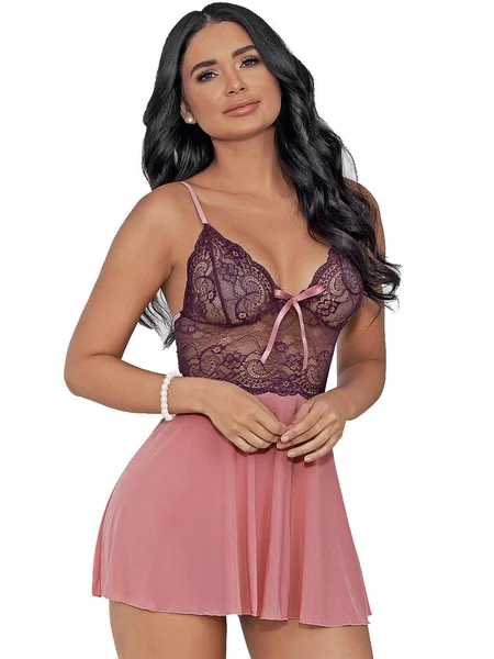 Escante Plum Lace and Mesh Babydoll Set  — image 15 of 15