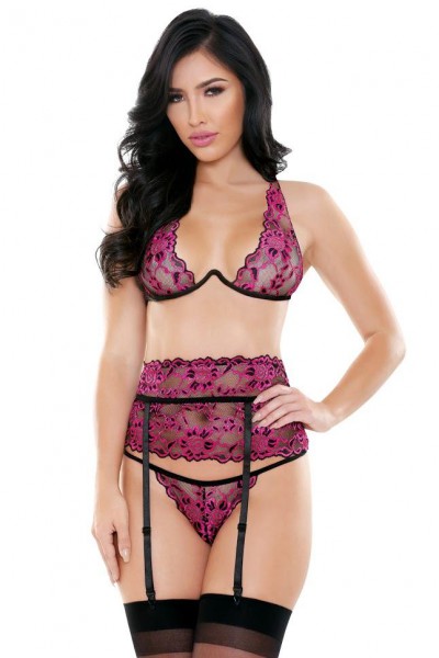 Tease - Janelle Lace Uniwire Bra with Matching Garter Belt & G-String (M/L)