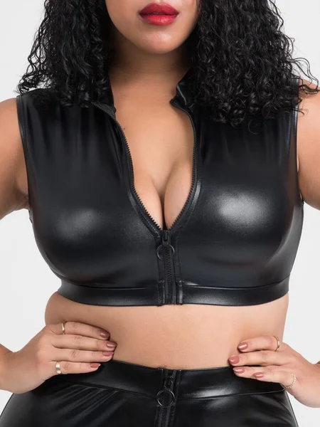 Lovehoney Plus Size Fierce Black Wet Look Zip-Up Crop Top — image 9 of 9