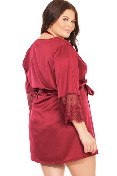 Coquette Bordeaux Babe Satin & Eyelash Lace Robe