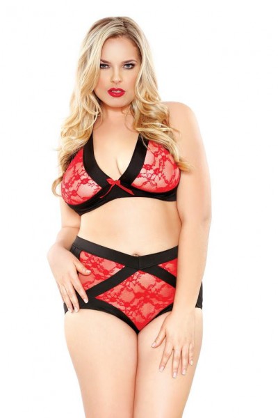 Curve - Two Tone Lace Peek-a-boo Cutout Bra Set (Plus Size)