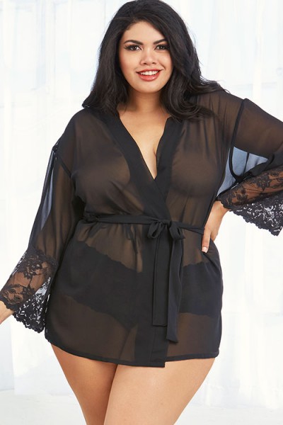 Dreamgirl Perfect Match Black Robe with Cheeky Lace Boyshort
