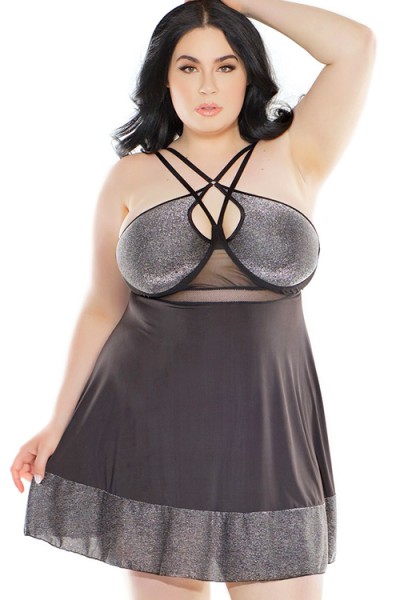 Coquette Silver Fox Shimmer Knit Babydoll with G-String