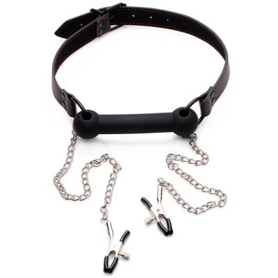 Strict Silicone Bit Gag with Attached Nipple Clamps