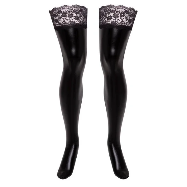 Lovehoney Plus Size Black Wet Look Hold-Ups with Lace Tops — image 7 of 7