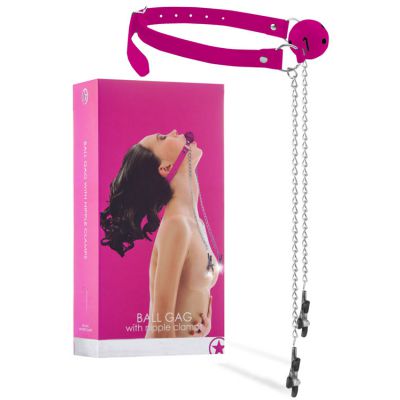 OUCH Ball Gag With Attached Nipple Clamps
