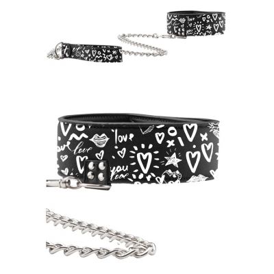 OUCH Graffiti Leather Collar with Chain Leash