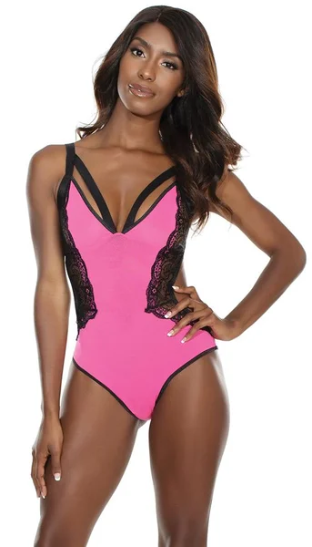 Hot Pink And Black Crotchless Teddy With Lace Detail — image 10 of 10