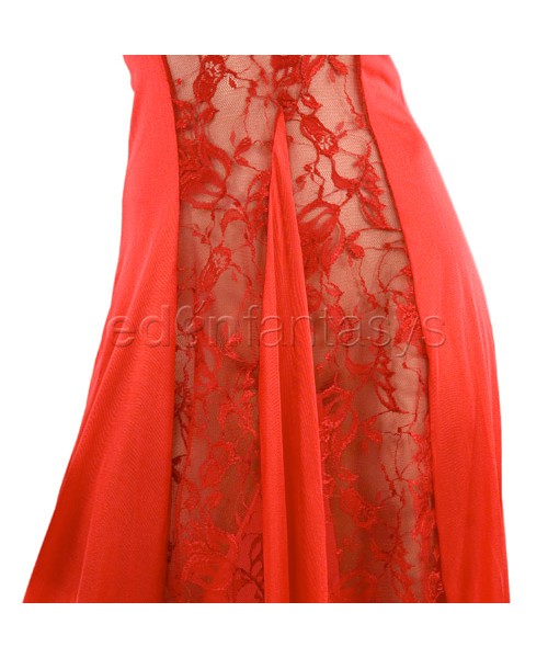 Red satin and lace gown