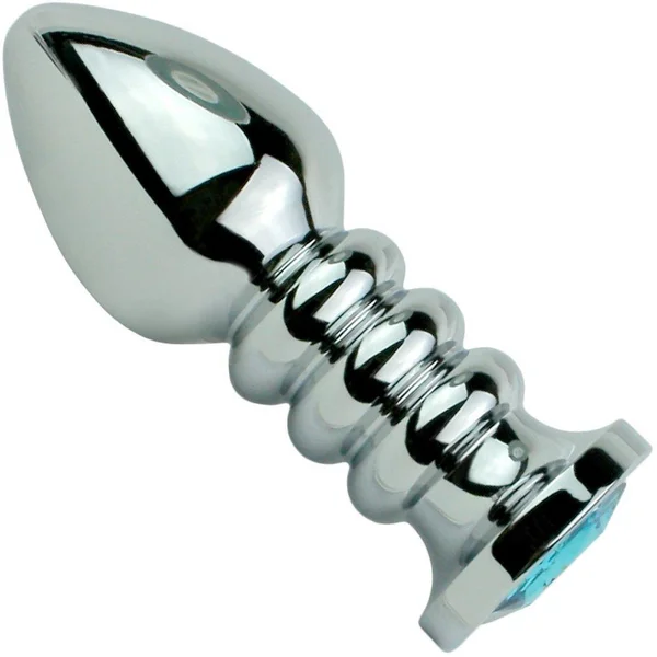 Blue Jewel Rippled Metal Booty Plug — image 8 of 10