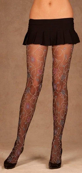 Black Floral Pattern Pantyhose - One Size Available — image 7 of 7