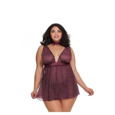 Dreamgirl Plus Size Grape Sparkly Metallic Mesh Babydoll Set 8211 3 pieces