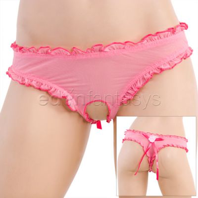 Pink ruffled crotchless thong
