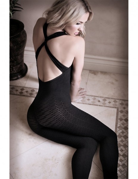Sheer Fantasy Opaque Footless Bodystocking with Criss Cross Back