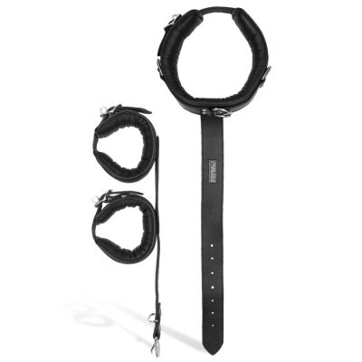 OUCH Behind The Back Leather Collar Wrist Restraints